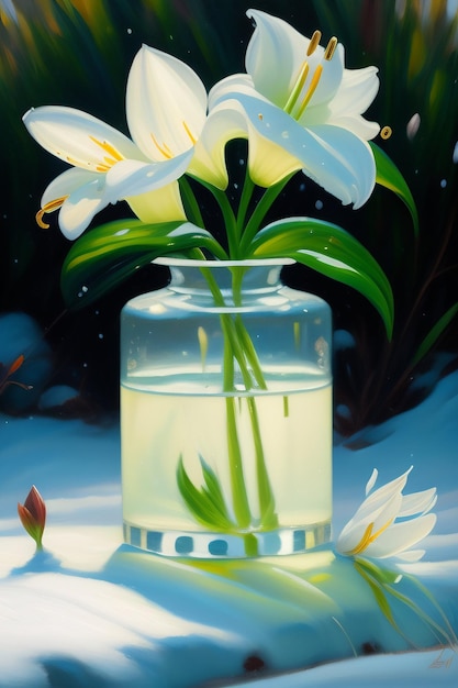 A painting of flowers in a vase with the word lily on it.