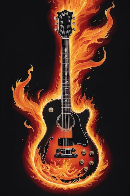 A painting of a guitar that has flames on it