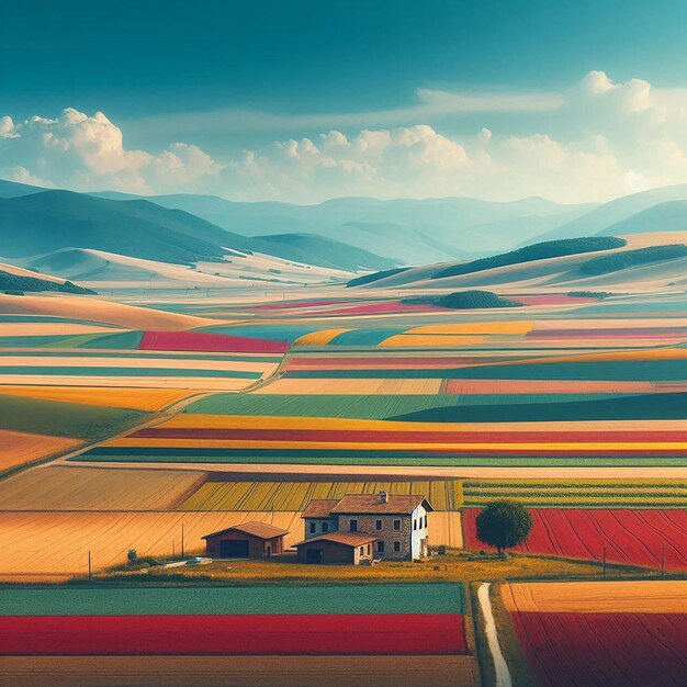 Photo a painting of a house in a field with a sky background