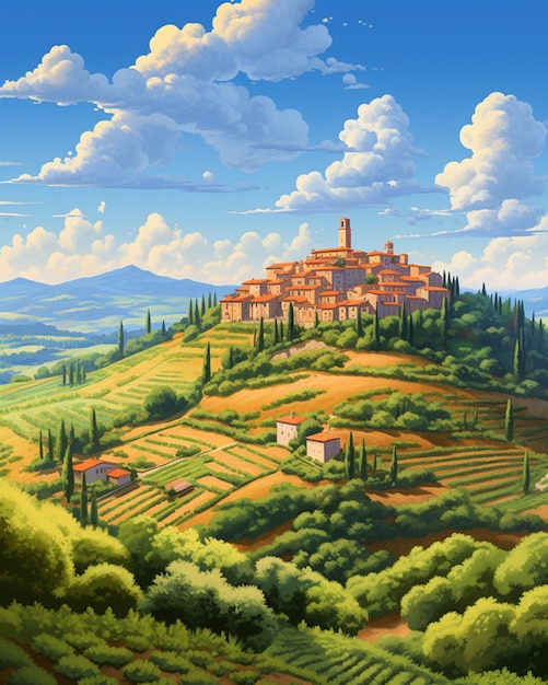 Foto pittura di un paesaggio con un castello su una collina circondata da alberi generativo ai