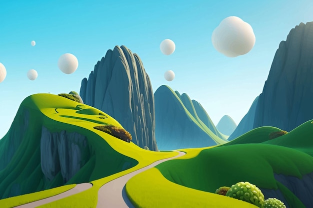 Photo a painting of a landscape with a road and some hills with balloons