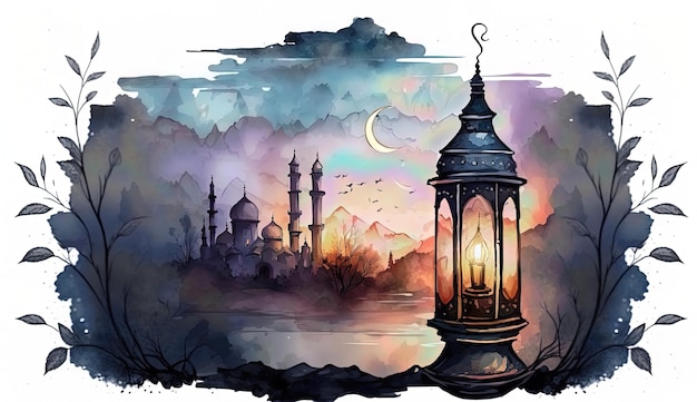 A painting of a mosque and a lantern with the moon in the background.