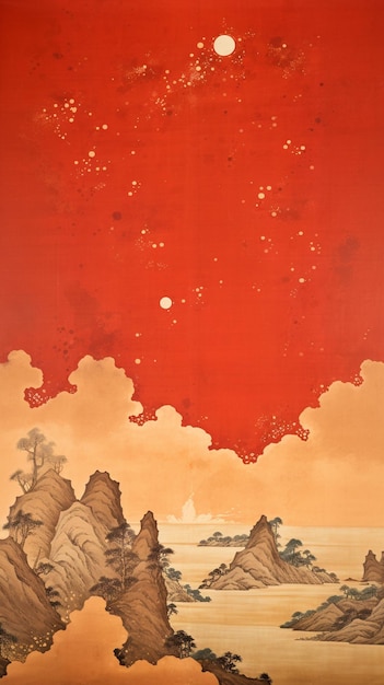 painting of a red sky with a mountain and a red moon generative ai