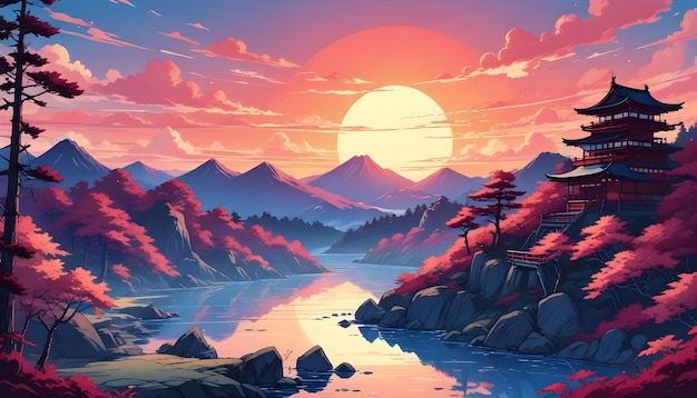 Photo a painting of a sunset with mountains and a lake