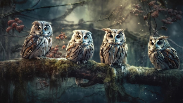 A painting of three owls on a branch