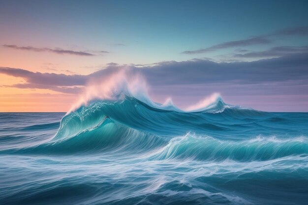 Photo a painting of a wave with the sun setting behind it