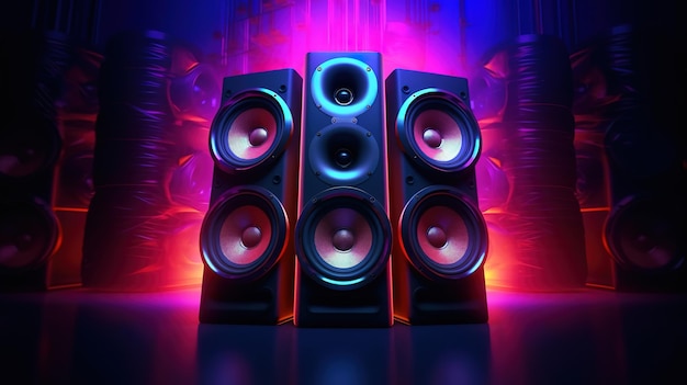 A pair of loudspeakers are in front of a purple and blue background.