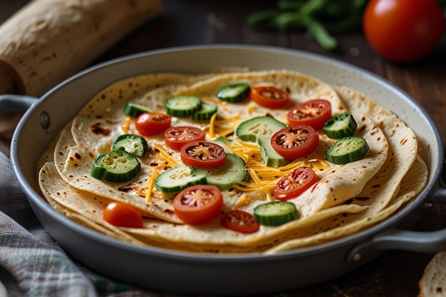 Foto una padella di tortilla con formaggio e verdure