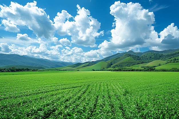 Photo panoramic landscape view of green grass field agent blue sky in countryside of thailand