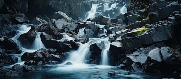 Panoramic view of a mountain river flowing through the rocks