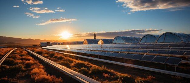 Photo panoramic view of solar panels in the field at sunset