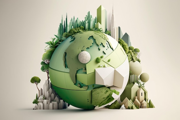 Paper art Green planet Earth of sphere futuristic Crystal Earth planet green forest city Generate Ai