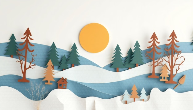 Photo paper craft winter scene with trees houses and a sun