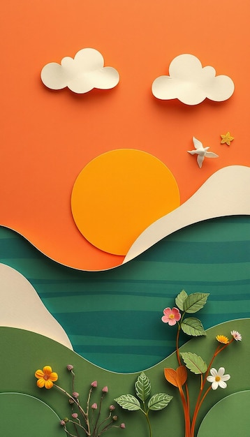 Photo paper cut out landscape with sunset clouds flowers and a bird