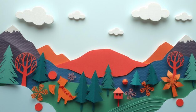 Photo paper cut out scene with mountains clouds trees and a fox