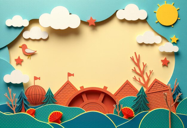 Photo paper cutout background with red bird sun and houses