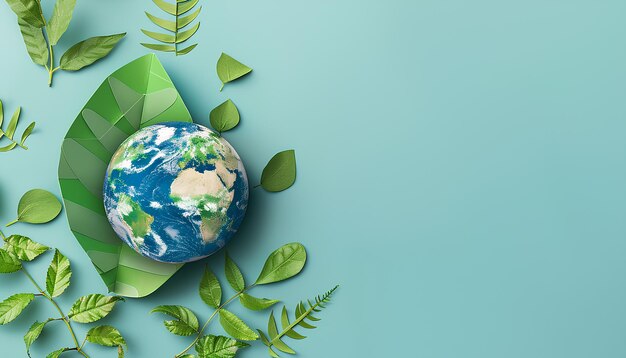 Paper planet Earth with green leaves on blue background Earth day celebration