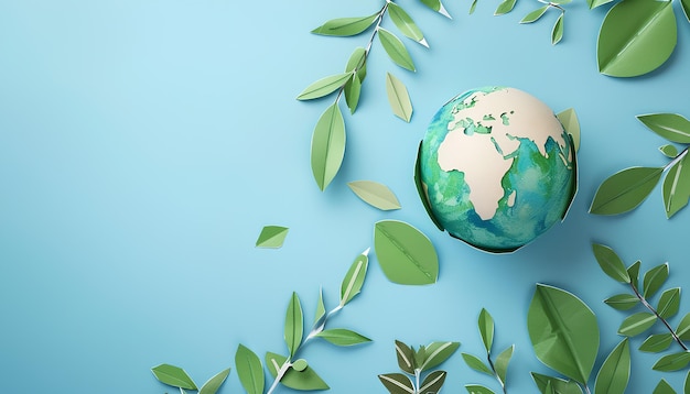 Paper planet Earth with green leaves on blue background Earth day celebration