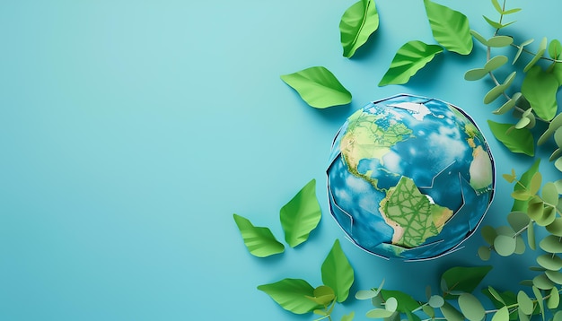 Paper planet Earth with green leaves on blue background Earth day celebration