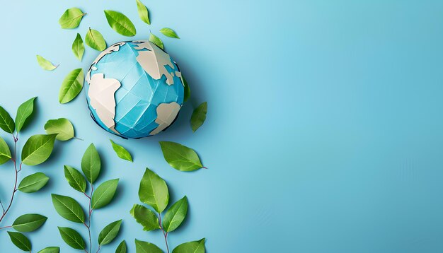 Paper planet Earth with green leaves on blue background Earth day celebration