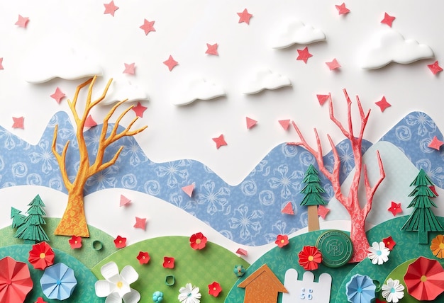 Photo papercraft landscape with trees flowers and clouds