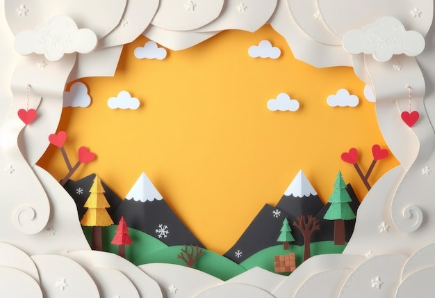 Photo papercraft mountains trees clouds and hearts on yellow background