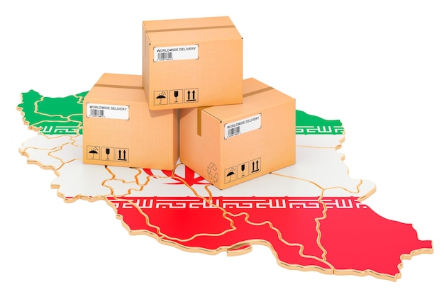 Parcels on the Iranian map Shipping in Iran concept 3D rendering