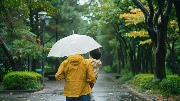 Photo parent with child under umbrella