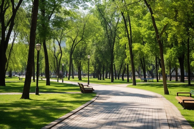 Photo a park with a clock on the top of it and a park bench in the background