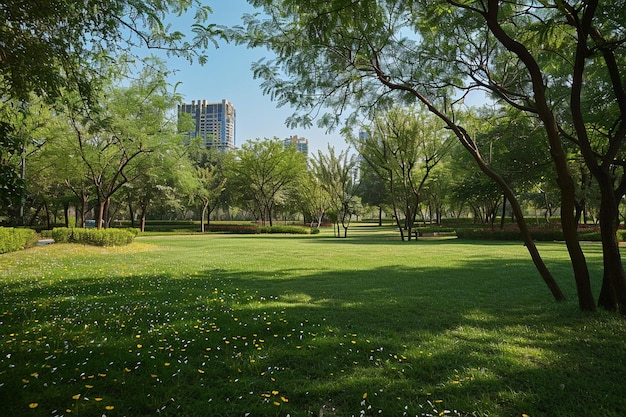 Photo a park with a lot of trees and flowers and a building in the background