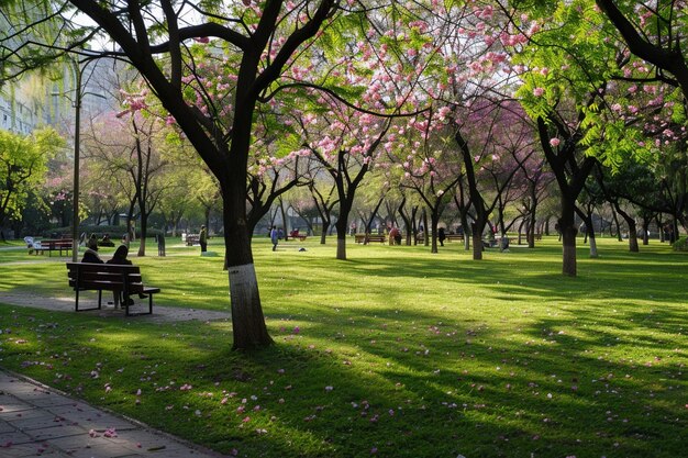 Photo a park with a park bench and a tree with pink flowers