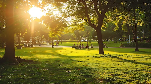 Photo a park with people and a tree with the sun shining through the leaves