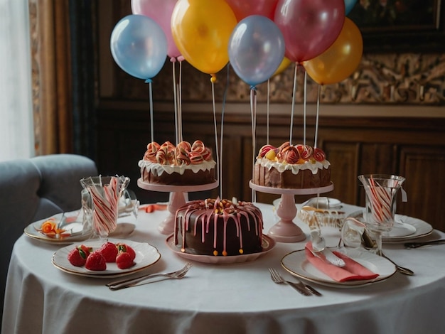 Photo party table with cake and finger food around decoration with soft red and green colors boho esthetic