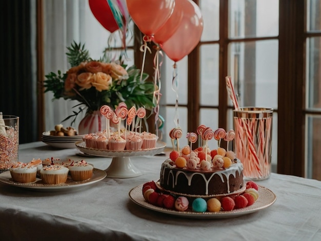 Photo party table with cake and finger food around decoration with soft red and green colors boho esthetic