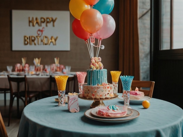 Photo party table with cake and finger food around decoration with soft red and green colors boho esthetic