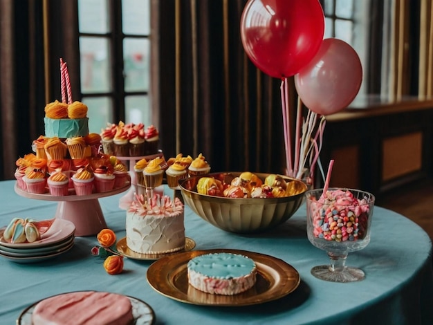 Photo party table with cake and finger food around decoration with soft red and green colors boho esthetic