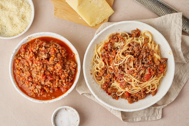 Pasta Bolognese with spaghetti, mincemeat and tomatoes, parmesan cheese. Italian cuisine