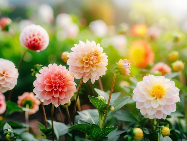 Photo pastel pink and yellow dahlias in a garden blooming in the sunshine