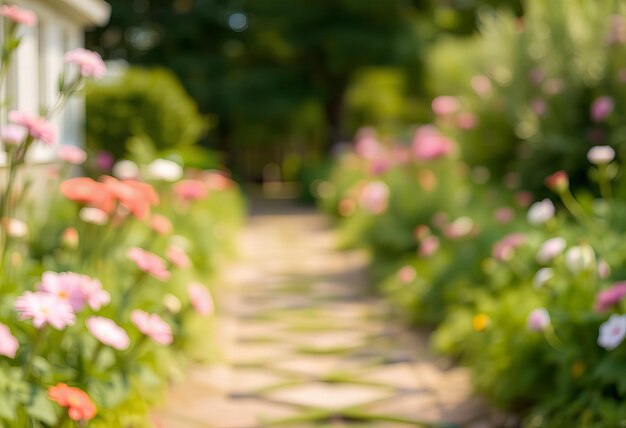 Photo a path through a garden with flowers and trees in the background