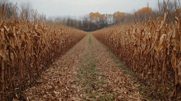 Photo a pathway through a field of dried corn stalks