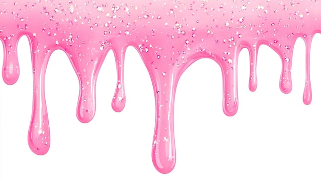 Photo pattern glossy pink slime dripping with glitter on white background