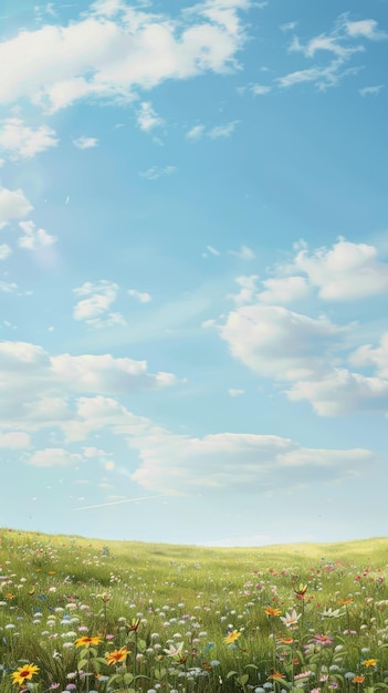 Photo peaceful countryside scene with fields of wildflowers stretching to the horizon with copyspace