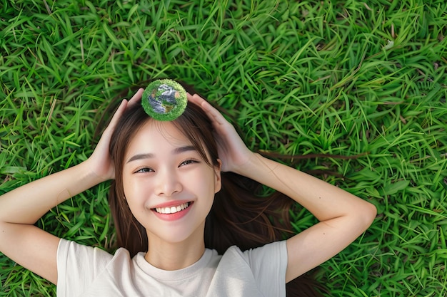 Photo peaceful mind kid resting in natural environment on ecofriendly green lawn with world map and dove concept on world peace day and international day of peace