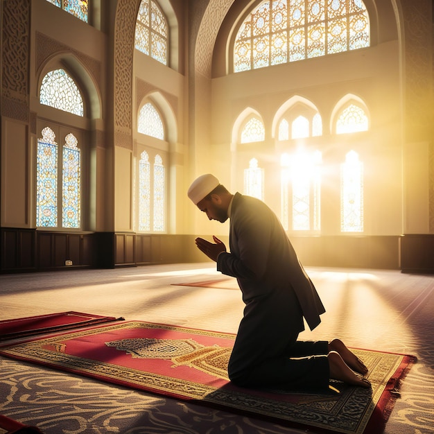 Photo peaceful muslim prayer in a sunlit mosque muslim doing pray namaz in masjid