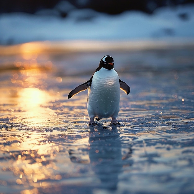 Photo penguin ice skating on a frozen lake