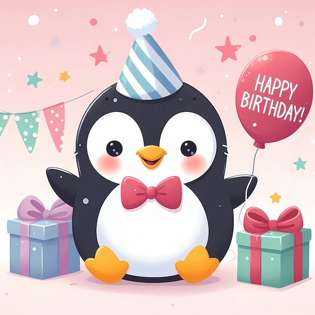 Photo a penguin with a hat on it and a balloon with a happy birthday on it