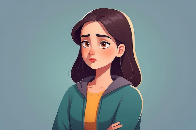 Pensive Woman Cartoon Character in Thoughtful Mood