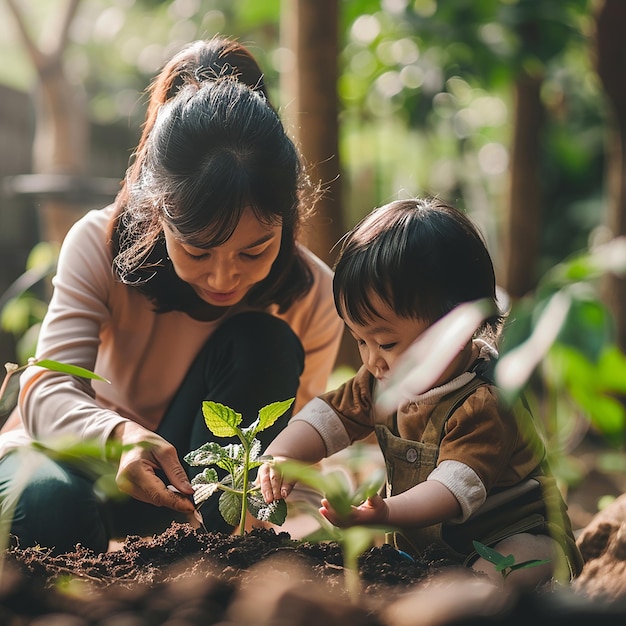 Photo people hands planting small tree in sunset concept save earth