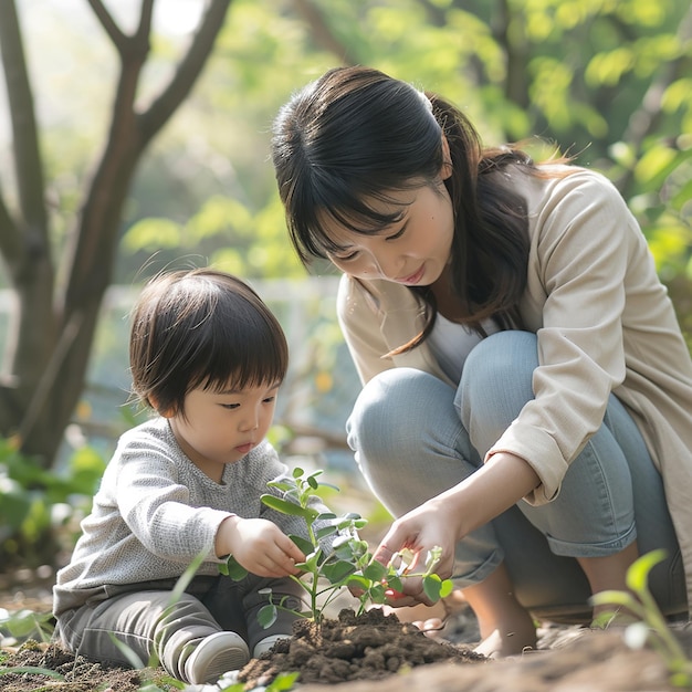 Photo people hands planting small tree in sunset concept save earth