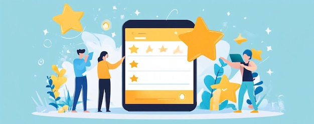 Foto le persone lasciano un feedback positivo con una valutazione di cinque stelle sullo smartphone gigante